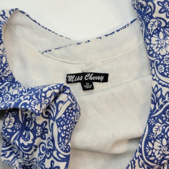 Miss Cherry 100% Linen Blue China Print Scoop Back Babydoll Dress, EUC, size 12 - Picture 6 of 9